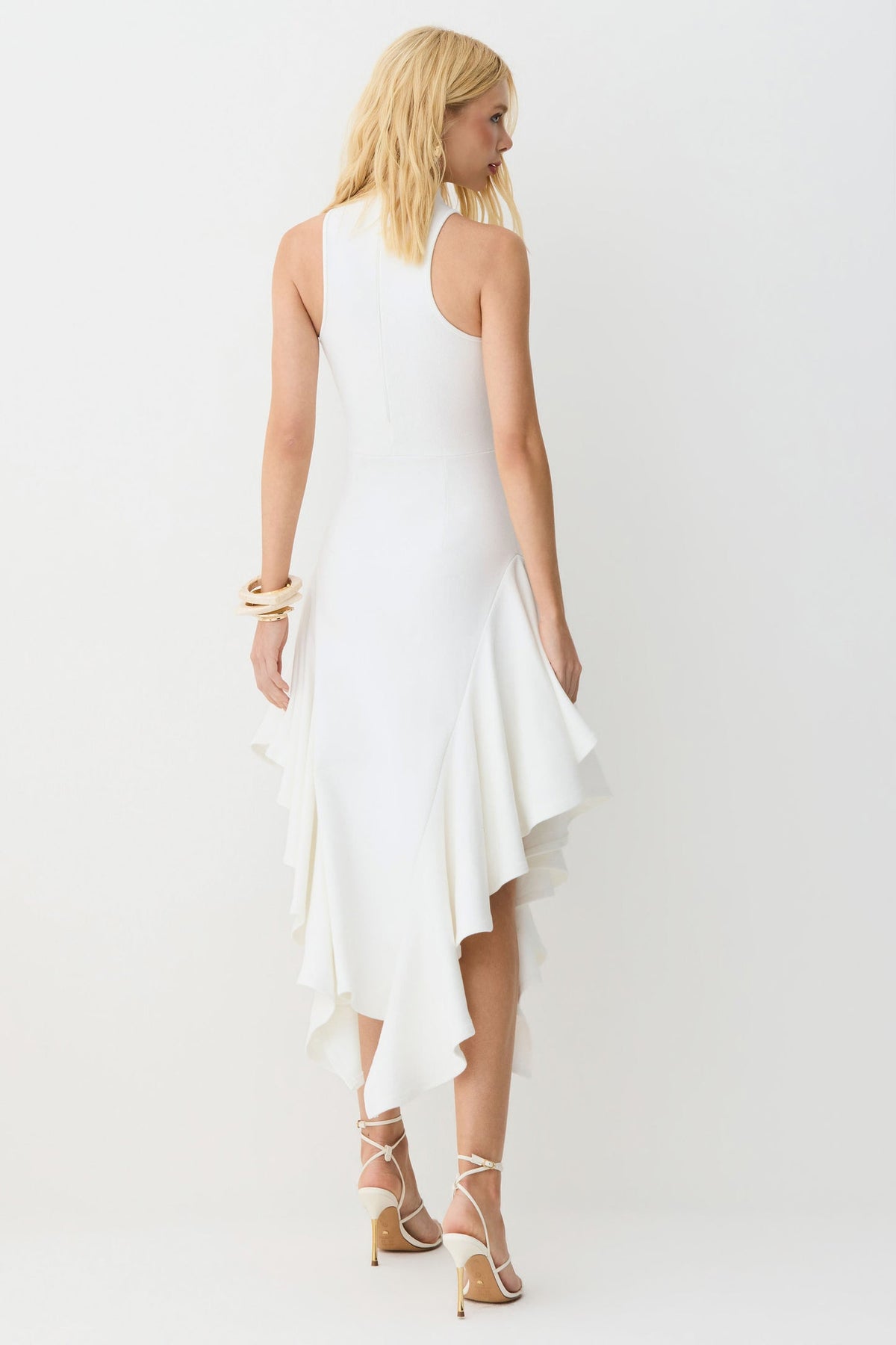 VESTIDO MIDI GOLA ALTA BABADOS ASSIMETRICOS OFF WHITE 11694