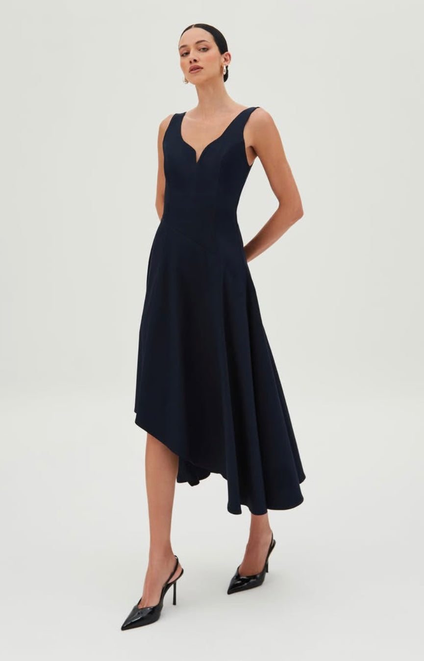 VESTIDO MIDI CORTE DIAGONAL A LA CINTURA