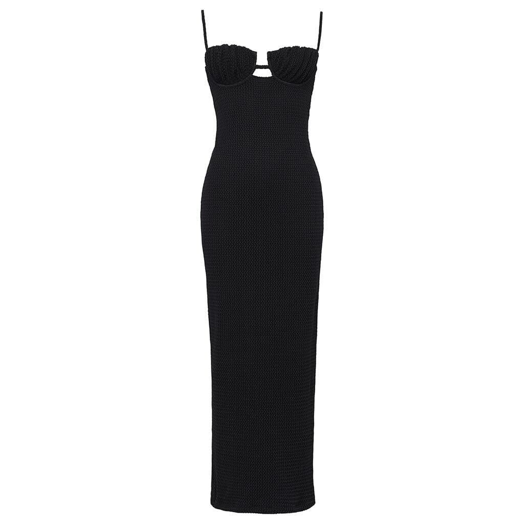 BLACK CROCHET PETAL LONG SLIP DRESS