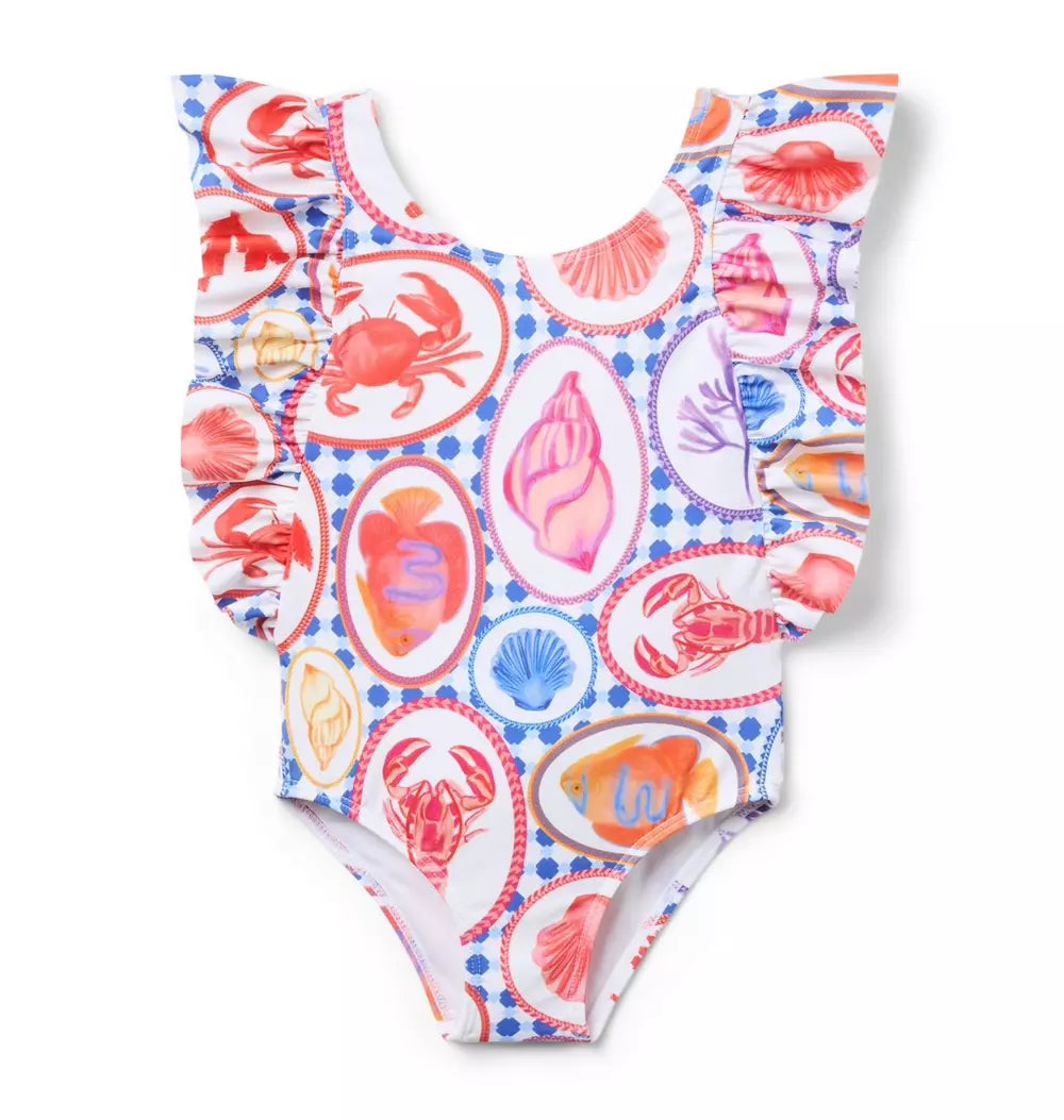 WHITE OCEAN ICON RUFFLE ONE PIECE