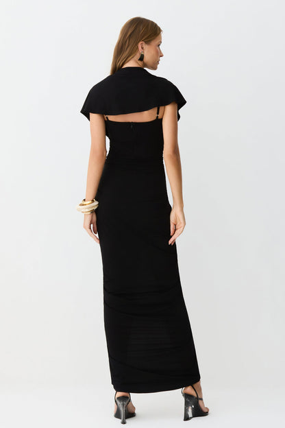 VESTIDO MIDI DECOTE V COM FRANZIDOS E VOLUME CENTRAL PRETO 11674