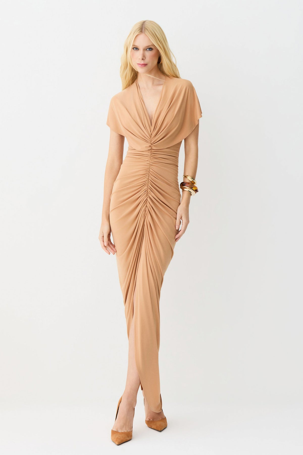 VESTIDO MIDI DECOTE V COM FRANZIDOS E VOLUME CENTRAL LARANJA PESSEGO 11674