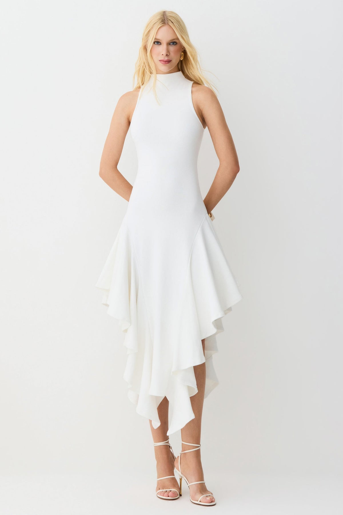 VESTIDO MIDI GOLA ALTA BABADOS ASSIMETRICOS OFF WHITE 11694