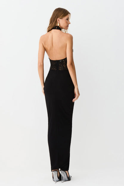 VESTIDO MIDI FRANZIDOS CINTURA CORPO EM RENDA E GOLA PRETO 11700