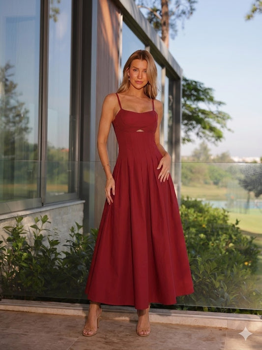 VESTIDO ACINTURADO PREGA SAIA VINO