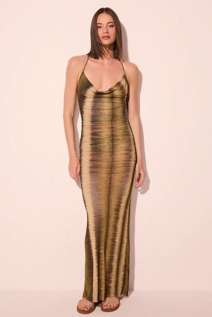 VESTIDO LONGO LISTRADO MUSGO