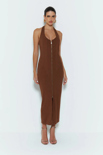 VESTIDO MIDI FRENTE UNICA COM ZIPER DUPLO MARROM