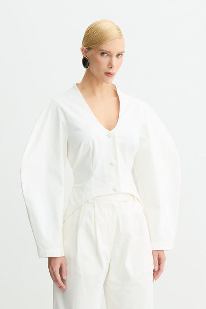 BLUSA MANGA LONGA Y BARRA ARREDONDADAS BLANCA