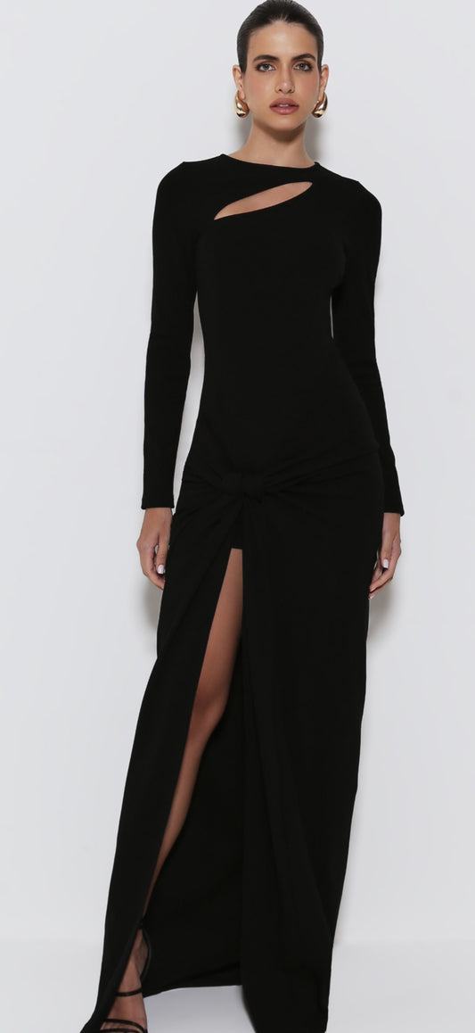 VESTIDO LONGO COM TORCAO LATERAL E ABERTURA DIAGONAL