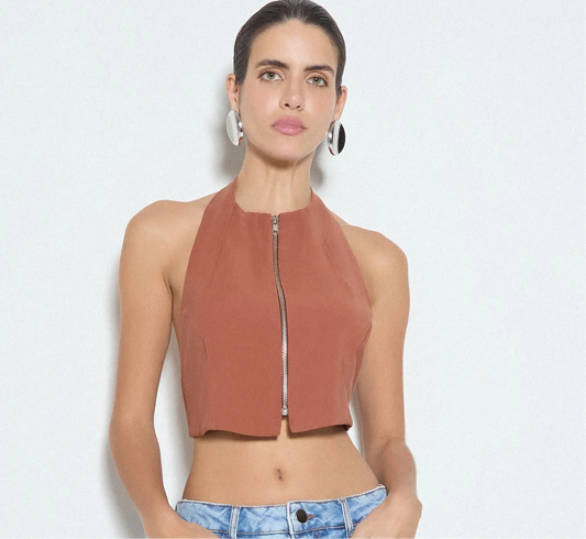 BLUSA FRENTE UNICA COM ZIPER FRONTAL MARROM CANELA