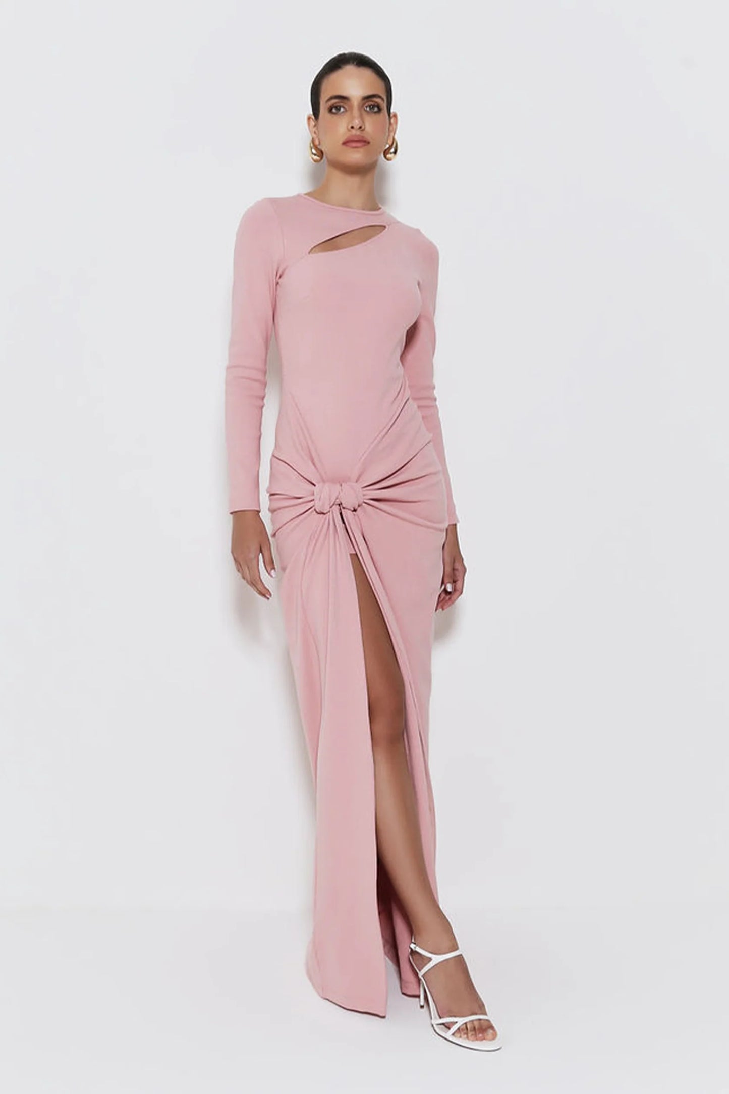 VESTIDO LONGO COM TORCAO LATERAL E ABERTURA DIAGONAL ROSA