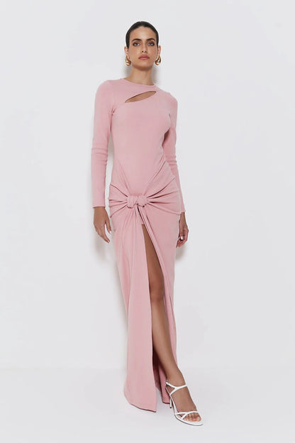 VESTIDO LONGO COM TORCAO LATERAL E ABERTURA DIAGONAL ROSA