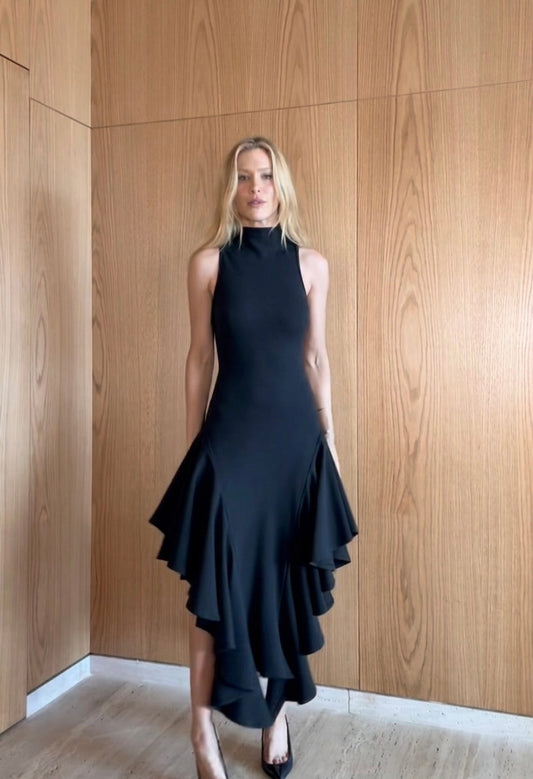 VESTIDO MIDI GOLA ALTA BABADOS ASSIMETRICOS 11694