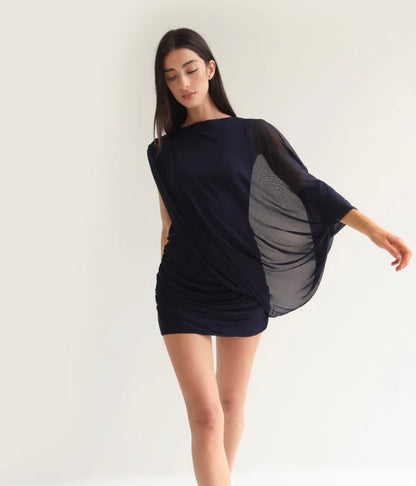 RUFFLED COVER DRESS NAVY BLUE