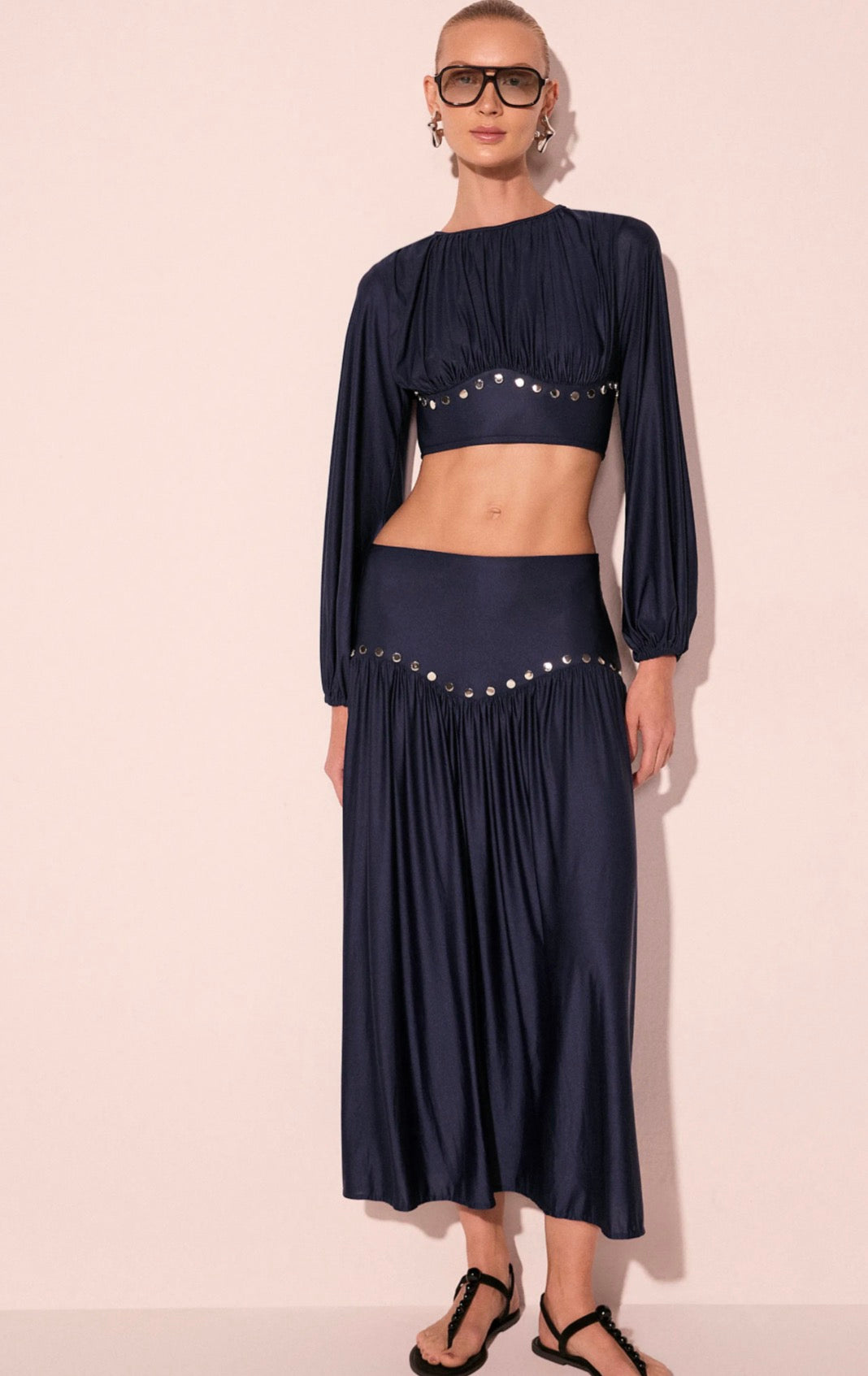 SKIRT MIDI REBITES AZUL MARINO