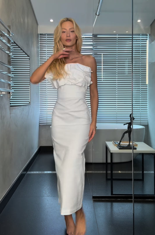 VESTIDO MIDI SOBREPOSICAO DRAPEADA DECOTE