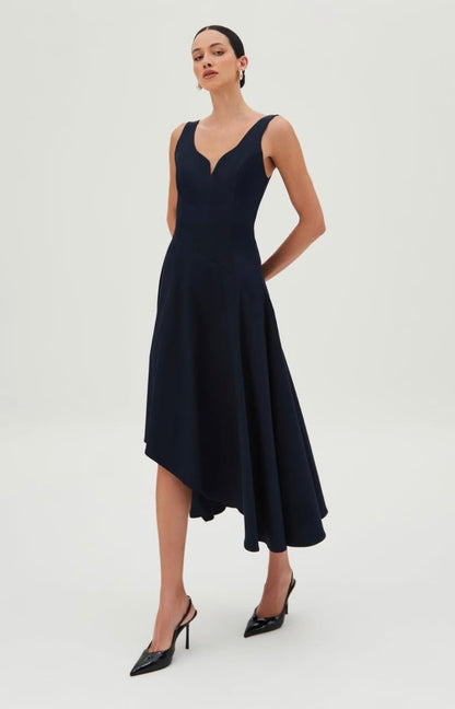 VESTIDO MIDI CORTE DIAGONAL A LA CINTURA