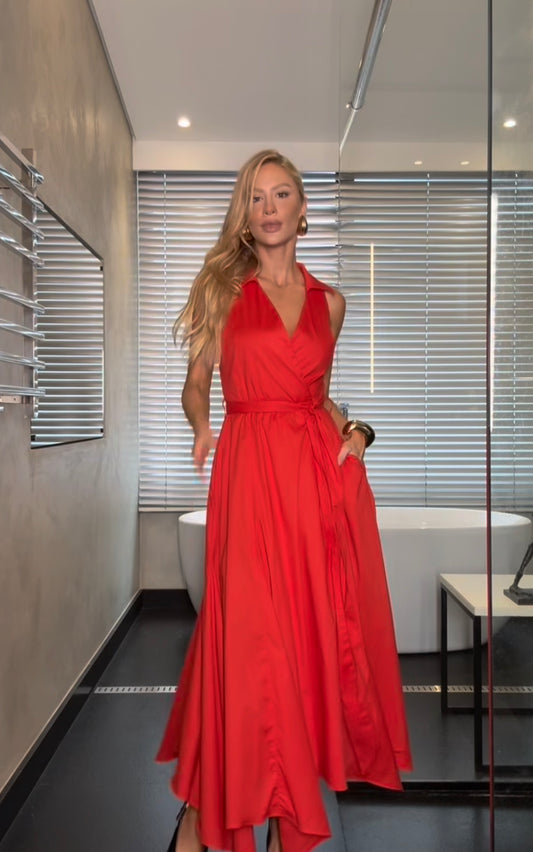 VESTIDO MIDI TRANSPADO CON FAIXA ROJO