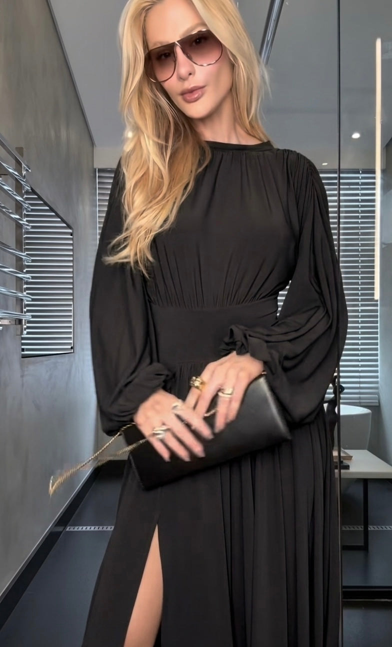 VESTIDO MIDI MANGAS BUFANDAS PRETO