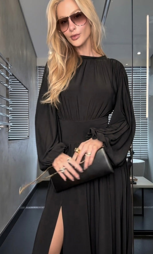 VESTIDO MIDI MANGAS BUFANDAS PRETO