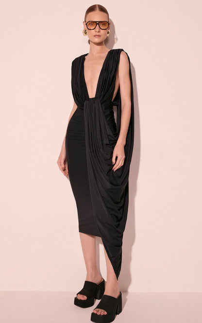 VESTIDO MIDI DRAPEADO PRETO