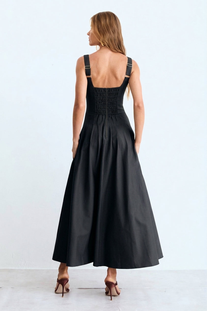 VESTIDO MIDI RECORTE V BUSTO E PREGAS NA SAIA 11698