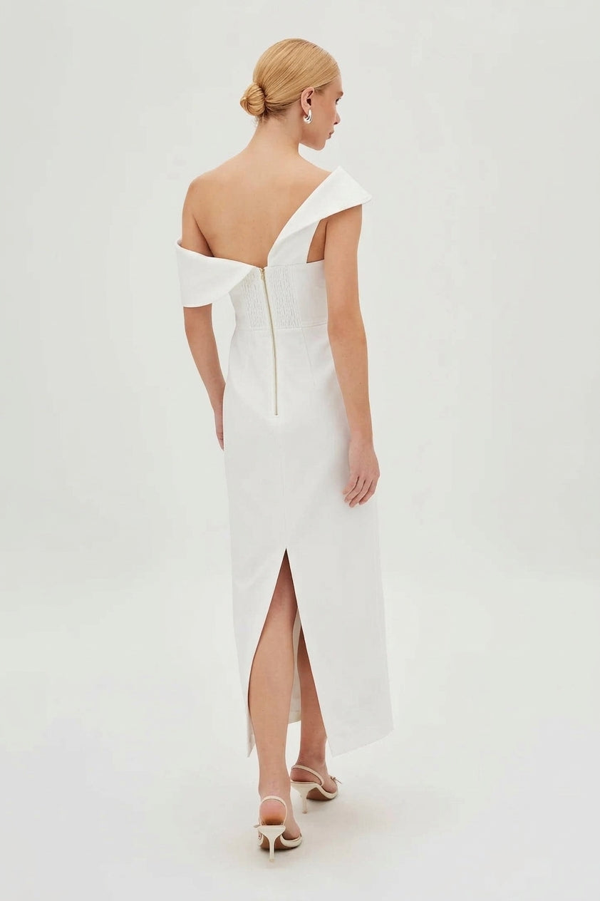 VESTIDO MIDI ESTRUTURADO COM DECOTE DIAGONAL OFF WHITE 11466