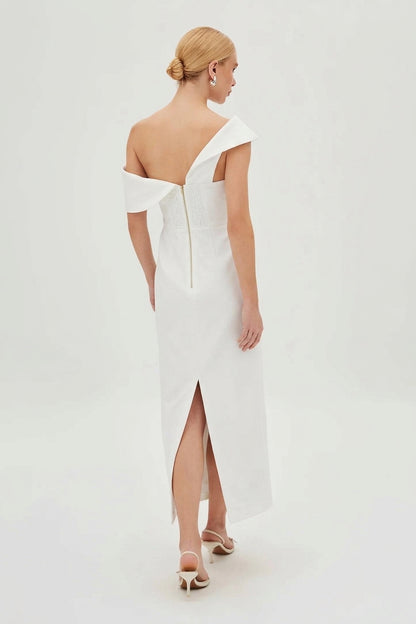VESTIDO MIDI ESTRUTURADO COM DECOTE DIAGONAL OFF WHITE 11466