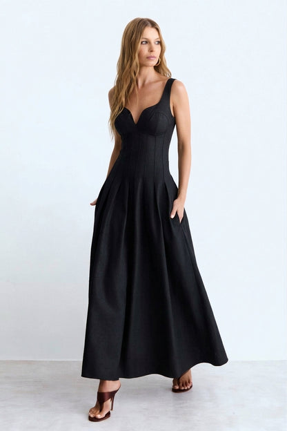 VESTIDO MIDI RECORTE V BUSTO E PREGAS NA SAIA 11698
