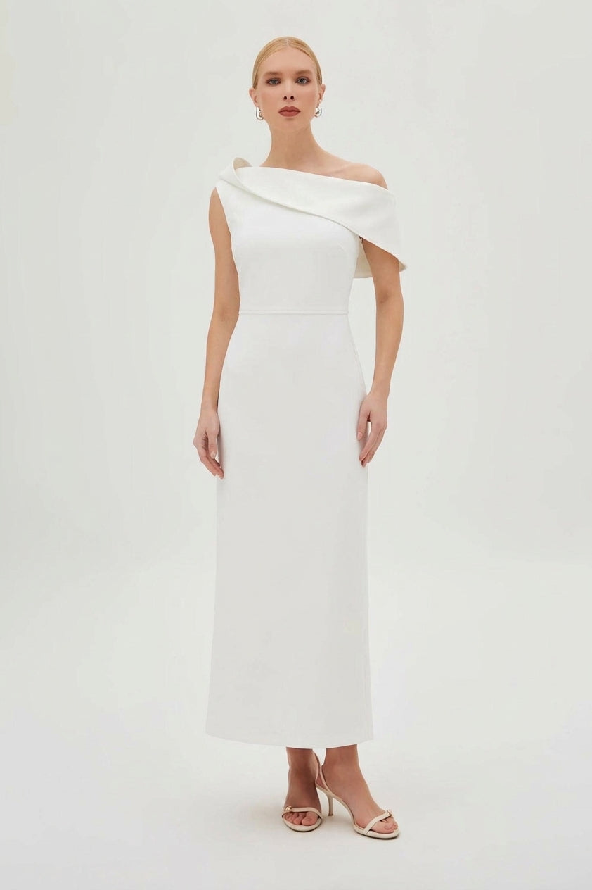 VESTIDO MIDI ESTRUTURADO COM DECOTE DIAGONAL OFF WHITE 11466