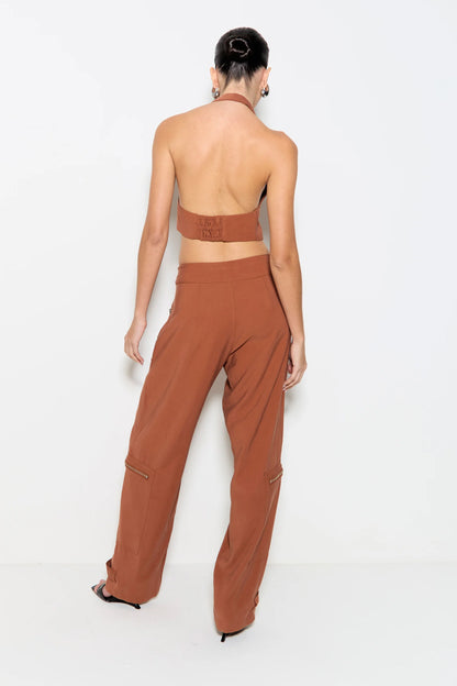 BLUSA FRENTE UNICA COM ZIPER FRONTAL MARROM CANELA