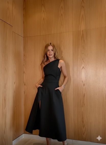 VESTIDO MIDI COM DECOTE ESTRUCTURADO NA DIAGONAL BLACK