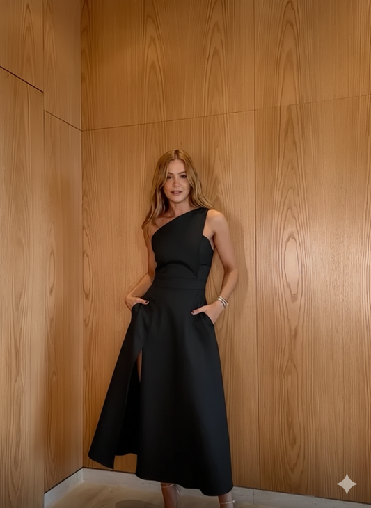 VESTIDO MIDI COM DECOTE ESTRUCTURADO NA DIAGONAL BLACK