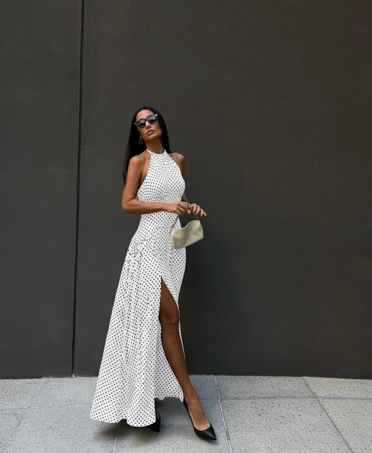 VESTIDO MIDI OFF WHITE CON LUNARES NEGROS