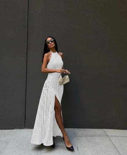 VESTIDO MIDI OFF WHITE CON LUNARES NEGROS