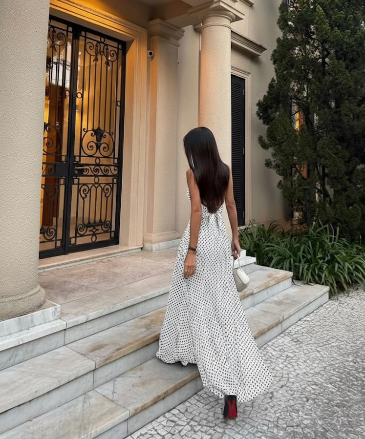 VESTIDO MIDI OFF WHITE CON LUNARES NEGROS