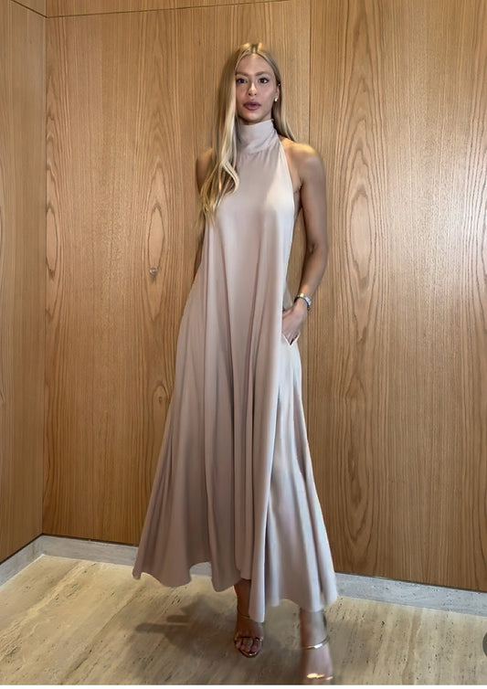 VESTIDO MIDI FRENTE ÚNICA GOLA ALTA CAIMENTO