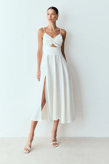 VESTIDO MIDI TORCAO BUSTO E RECORTE FRONTAL