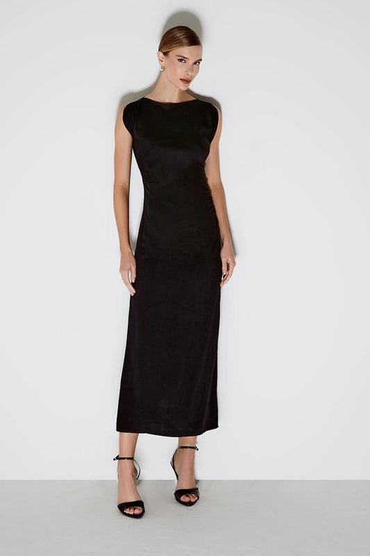 VESTIDO MIDI COM ABERTURA OMBRO DRAPEADO