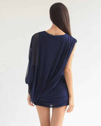RUFFLED COVER DRESS NAVY BLUE
