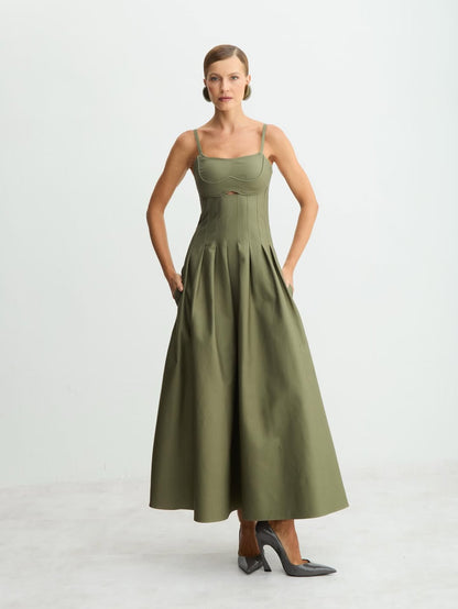 VESTIDO ACINTURADO PREGA SAIA VERDE MILITAR
