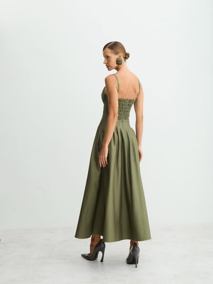 VESTIDO ACINTURADO PREGA SAIA VERDE MILITAR