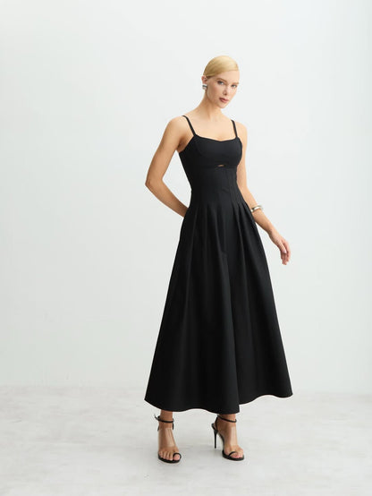 VESTIDO ACINTURADO PREGA SAIA NEGRO