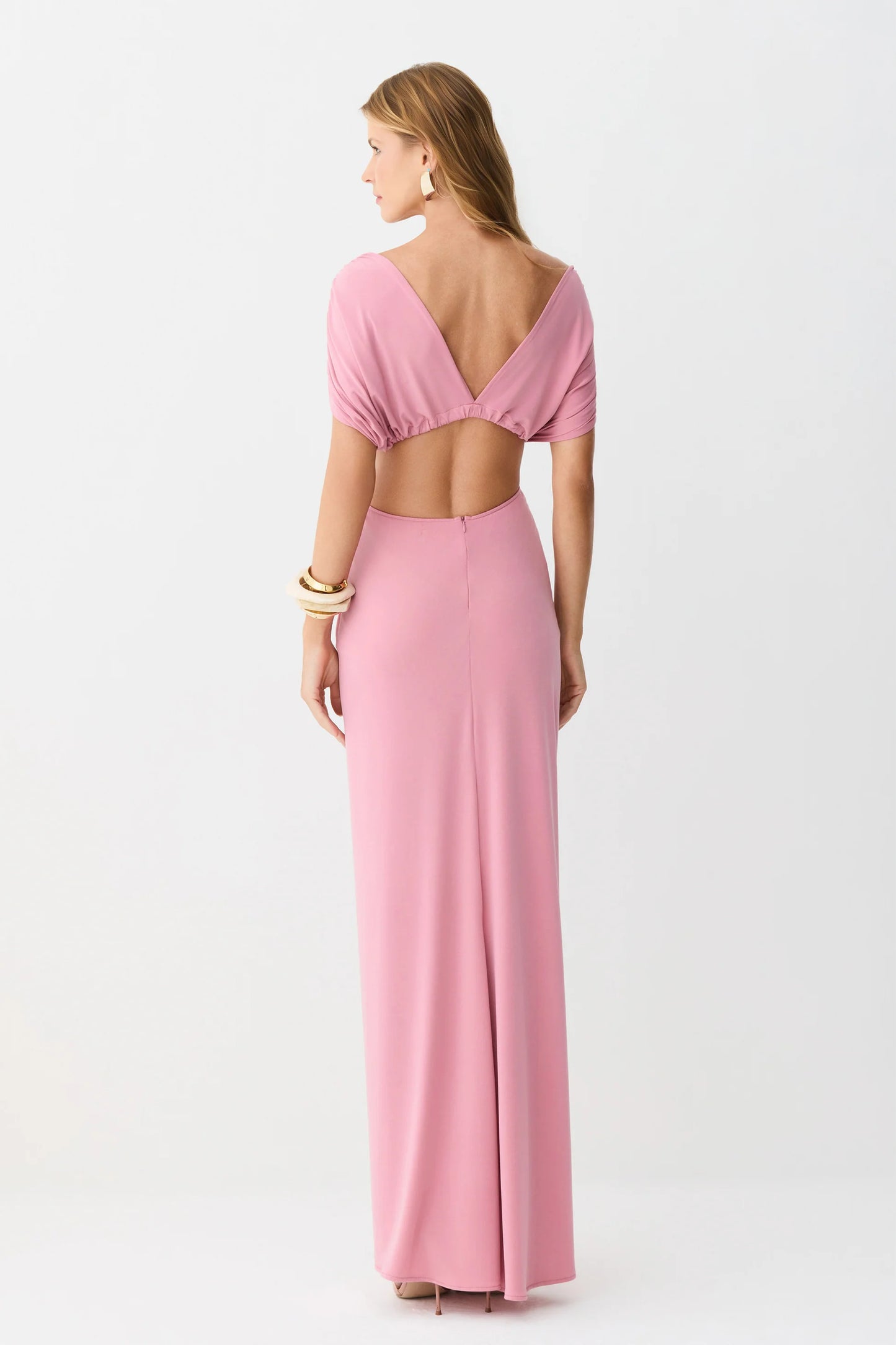 VESTIDO LONGO ABERTURA COSTAS TORCAO FRANZIDOS FRONTAL ROSA