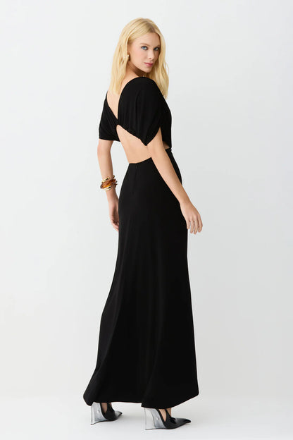 VESTIDO LONGO ABERTURA COSTAS TORCAO FRANZIDOS FRONTAL PRETO