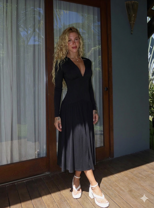 VESTIDO MIDI ALONGADO ACINTURADO BARRA AMPLIA PRETO