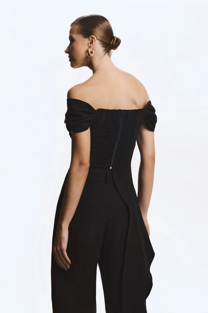 BLUSA OMBRO A OMBRO FLUIDA COM BARRA ASSIMETRICA PRETO