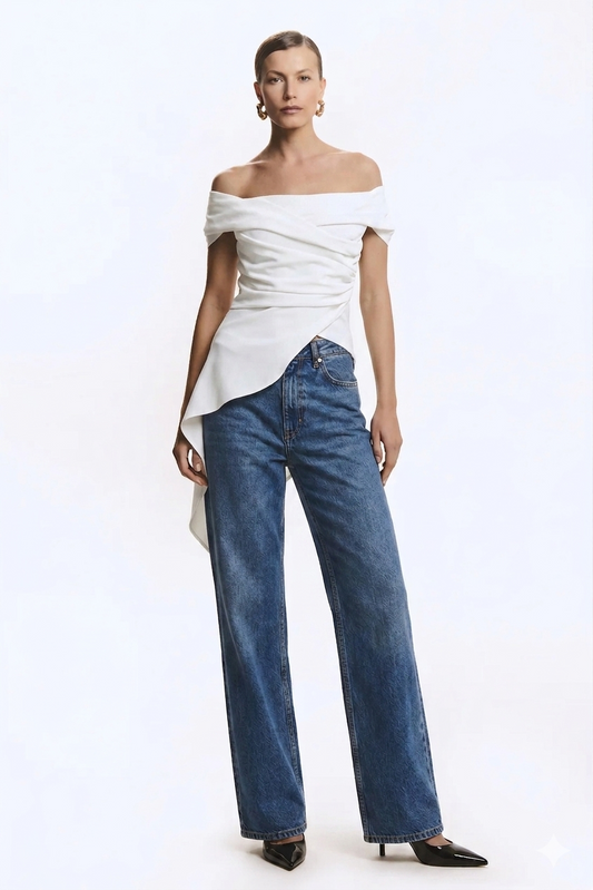 BLUSA OMBRO A OMBRO FLUIDA COM BARRA ASSIMETRICA OFF WHITE
