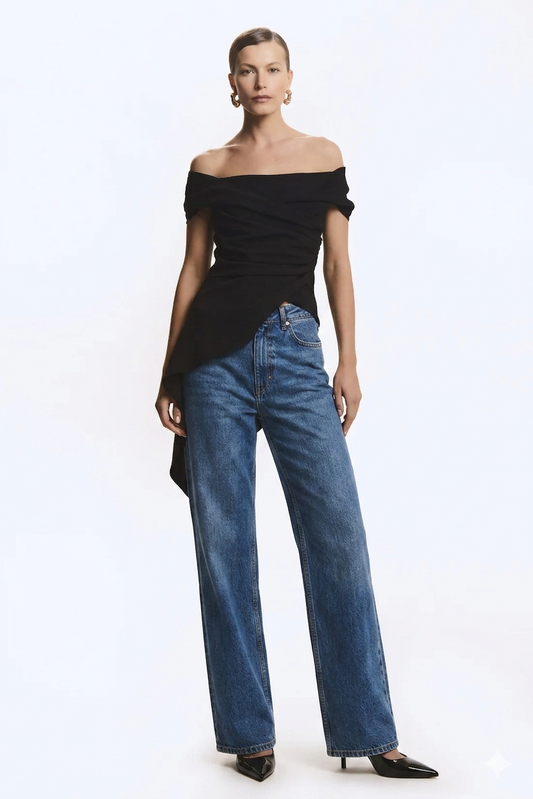 BLUSA OMBRO A OMBRO FLUIDA COM BARRA ASSIMETRICA PRETO