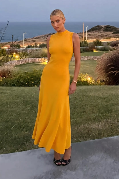 VESTIDO MIDI BARRA COM RODA AMPLAE ABERTURA COSTAS LARANJA MANGA 11779
